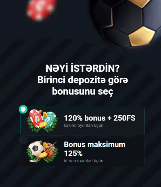 Welcome paketinin kazino hissəsi: Kazino bonus və %120 + 250 pulsuz spinlər